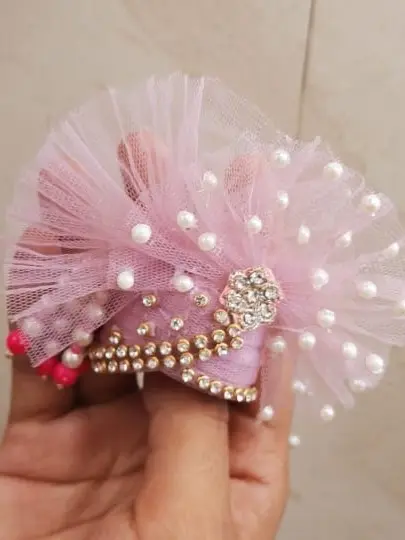 Blush Pink Pearl Pagdi – Net Crown for Laddu Gopal with Floral Sparkle