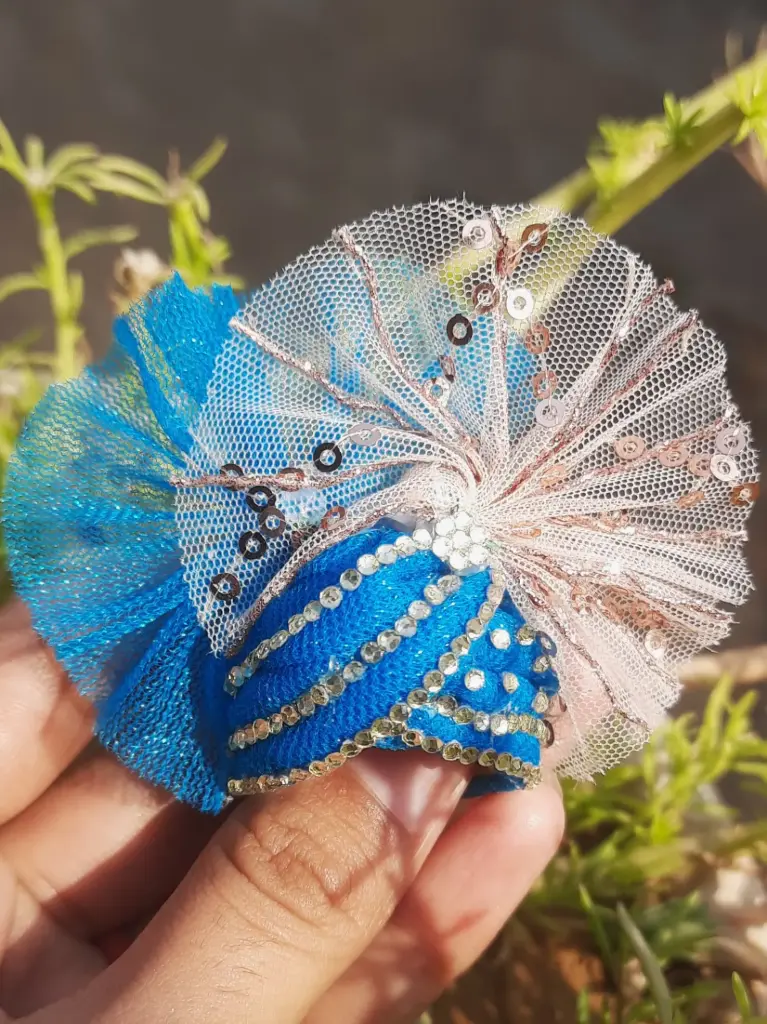 Divine Sparkle – Blue Net Pagdi with Peach Sequin Flare
