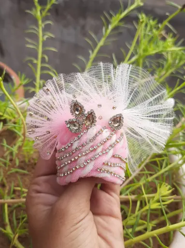 [P10] Baby Pink Net Pagdi with Crystal Lines & Leaf Stones – Divine Headwear for Laddu Gopal