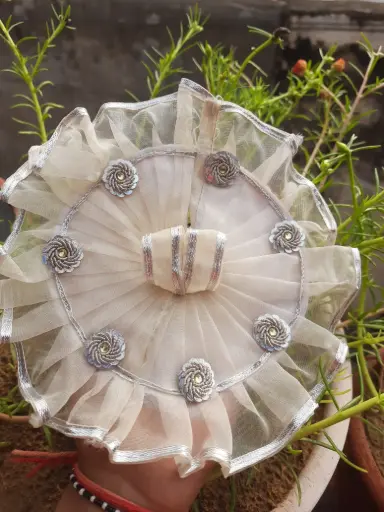[DR09] Chandrika – Cream & Silver Krishna Dress with Floral Accents (Premium Net Fabric)
