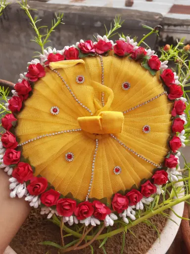[DR08] Pushpa Priya – Floral Yellow Krishna Dress with Rose Garland Border