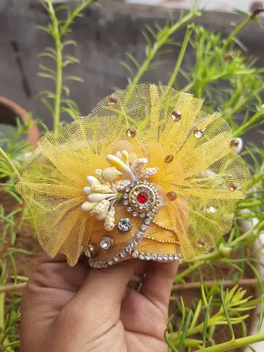 [P08] Vibrant Yellow Floral Pagdi with Net & Stone Work – For Laddu Gopal